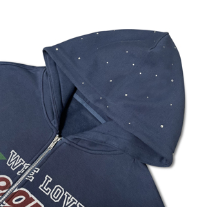 Sudadera con capucha informal de gran tamaño con cremallera, estilo retro deportivo, con parche tejido y detalles de diamantes de imitación en degradado, lavado vintage, ODM OEM - Product Image 3