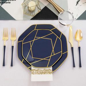 Assiette à steak hexagonale <span class=keywords><strong>jetable</strong></span> en plastique doré <span class=keywords><strong>bleu</strong></span> <span class=keywords><strong>marine</strong></span> de 7,5 pouces, <span class=keywords><strong>vaisselle</strong></span> pour hôtels et restaurants, fête - Product Image 3