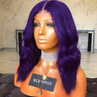 Wig tanpa lem renda depan 13X6 14 inci rambut palsu alami pendek garis rambut biru ungu longgar gelombang HD warna rambut manusia