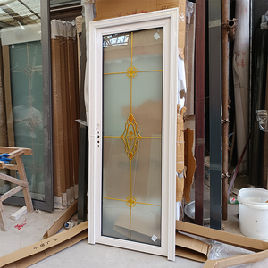 Porte <span class=keywords><strong>de</strong></span> salle <span class=keywords><strong>de</strong></span> bain TECHTOP en alliage d'aluminium <span class=keywords><strong>de</strong></span> luxe, cadre blanc, <span class=keywords><strong>verre</strong></span> trempé dépoli, avec motif en <span class=keywords><strong>treillis</strong></span> doré - Product Image 2