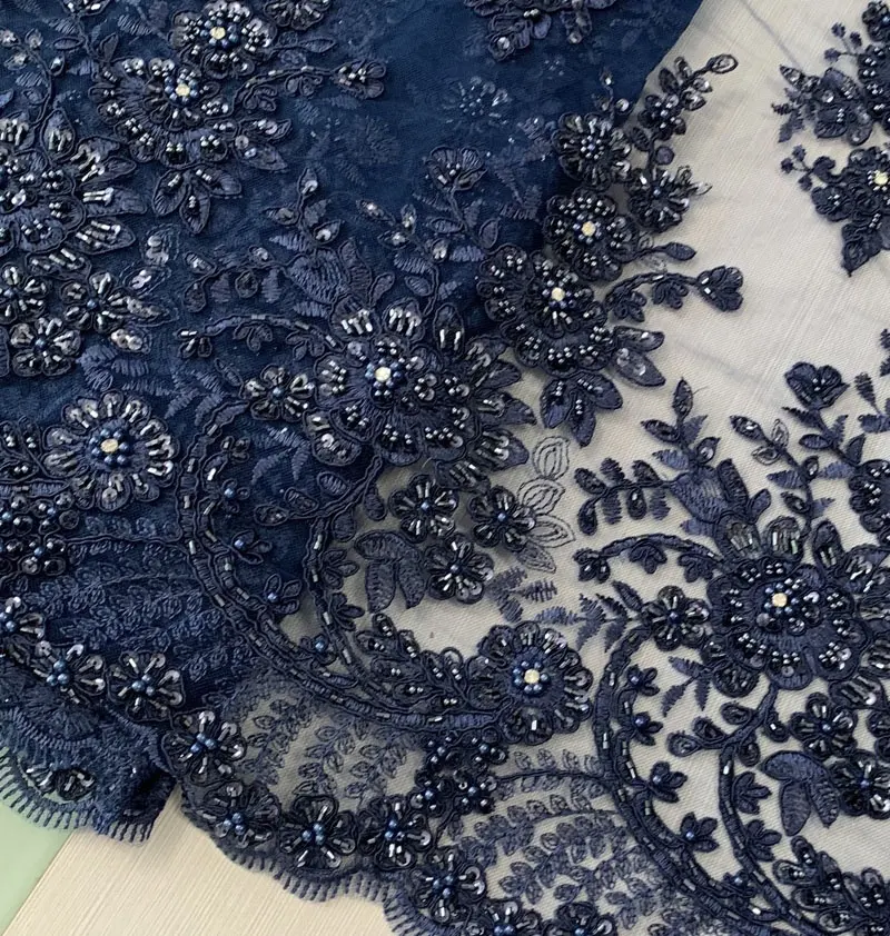 luxury deep blue beaded sequined lace embroidery fabric for dresses, high quality dress making lace fabric
