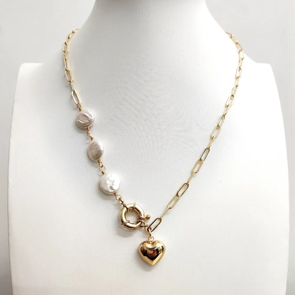 Fashion Real Fresh Water Pearls Jewelry 18k Gold Plated Paperclip Chain Love Heart Pendant Baroque Pearl Coin Necklace For Women