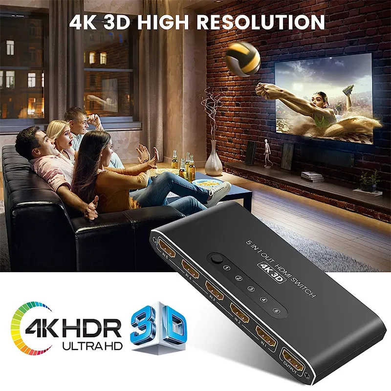 2024 HDMI Switcher 1 In 5 Out HDMI Switcher Supports 4K30Hz 1080P60Hz High Resolution with IR Remote Control for Computer XBOX