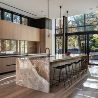 Meubles de cuisine modernes de luxe en placage de bois, avec portes sans poignées et îlot de rangement, pour une conception personnalisée