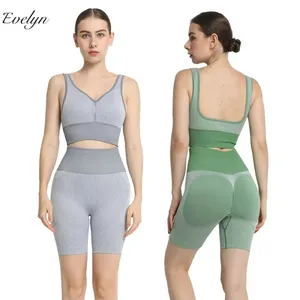 EVELYN OEM ODM Customized Seamless Striped Fitness Suit Women's High Waist Belly Contracting Peach Bum Lift Shorts Sports Bra