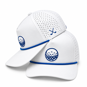Gorras de Béisbol Blancas Transpirables e Impermeables Personalizadas con Logotipo Bordado en Parche Tejido, Orificios Cortados con Láser y Cuerda, Gorras de Golf - Product Image 1