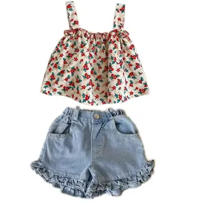 暑い夏の花柄プリントガールズラインスカートセットファッションストライプ子供服半袖服キッズガールスーツ2セット