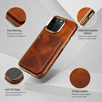 Casing Ponsel Kulit Sapi Asli Berlapis Lilin Mewah untuk iPhone 16 15 14 13 12 Pro Max dengan Slot Kartu Ganda Tersembunyi dan Penyangga