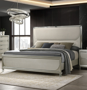 เตียงนอนหรูหราหุ้มผ้าสีเงินลายไม้สไตล์โมเดิร์นขนาดคิงไซส์ พร้อมไฟ LED 2 ดวง โต๊ะข้างเตียงแบบมีลวดลาย ชุดเฟอร์นิเจอร์ห้องนอน 3 ชิ้น - Product Image 6