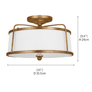 Vintage plafondlamp rustieke hotellaatsteenkamerdecoratie antiek gouden getextureerd metaal witte stoffen trommelkap LED semi-inbouwlamp - Product Image 4