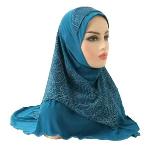 Fashion Malaysian Children Crystal Cotton Instant Hijab Scarf Lace Edge Stitching Turban Islamic Muslim Women Saree For Girls