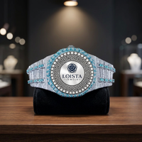 Montre-bracelet de luxe à quartz analogique en acier inoxydable, cadran foncé, entièrement sertie de pierres, bracelet à fermoir déployant pour LOISTA JEWELS