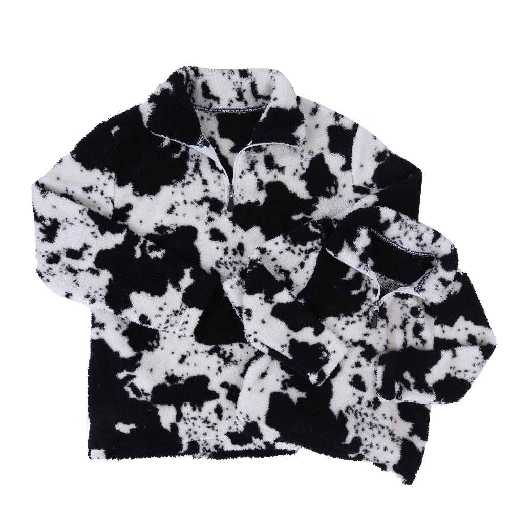 Fall and winter new arrival fashionable Mommy and Me Cow Print Sherpa Pullover RTS