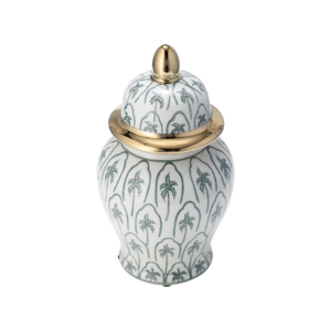 Vaso decorativo in ceramica con motivo a palme e bordo dorato per l'arredamento del soggiorno. - Product Image 4