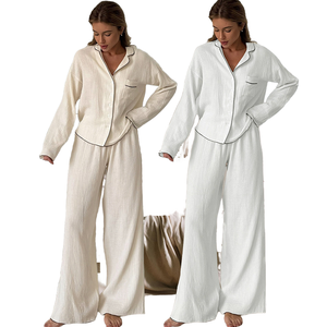 New Arrival <b>Womens</b> Comfortable Double Layer Winter Spring <b>Summer</b> Autumn Solid Color Sleepwear Set Front Logo Wrinkled - Product Image 2
