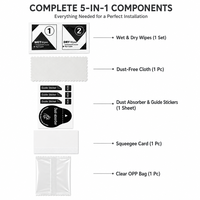 Kit d'installation de protection d'écran de téléphone 5-en-1 avec lingettes humides et sèches, autocollants anti-poussière, carte de démontage et chiffon en microfibre