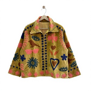 Hand Embroidered Quilted Woven <b>Velvet</b> Breathable Outdoor <b>Jacket</b> Floral Motifs Mandarin Collar Full Sleeve Boxy Style Spring Wear - Product Image 1