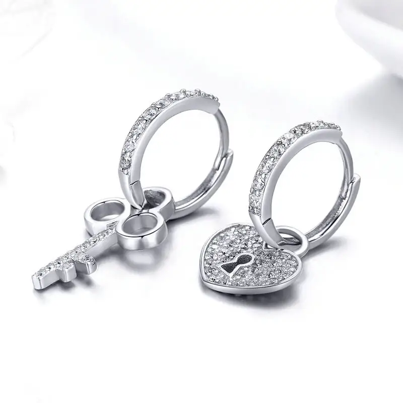 little girls sterling silver 925 jewellery earring cubic zirconia, cz hearts and key 925 sterling silver hoop earrings women