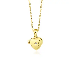 Gold plating ladies 925 silver dainty zircon heart picture locket charm necklace pendants