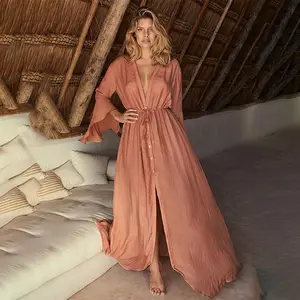 2023Bikini Cover Up Long Dress Sexy V Neck Beach Tunic Pareo Flare Sleeve Bohemian Maxi Dress Swimsuit Cover Up Swimwear Beach