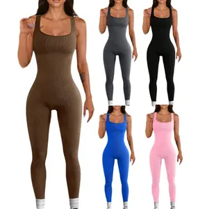 Toptan kare boyun tek parça Yoga giysileri nervürlü tulum kolsuz tam boy spor tulumlar kadın Bodysuits