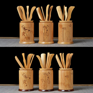 Ensemble de six accessoires pour cérémonie du thé en bambou avec couvercle, forme cylindrique, écologique, pour le thé de l'après-midi - Product Image 1