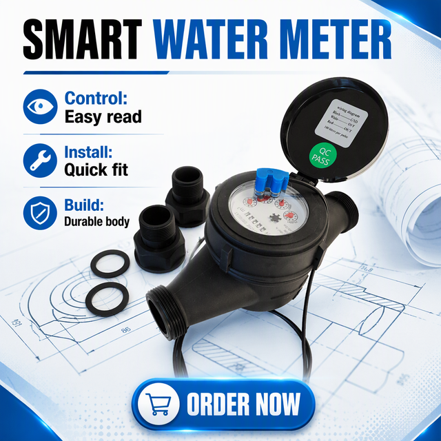 DN32 mm Digital Water Meter 11/4 Inch Black PVC Material IP68 Protection Class 1 Pulse Output 1L/10L/100L Capacity