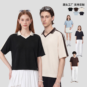 เสื้อโปโลวินเทจ 330 กรัม ผ้าลายวาฟเฟิล แต่งเทปตัดต่อ คอวี สไตล์ลำลอง มี 5 สี  ขั้นต่ำในการสั่งซื้อน้อย รับสั่งทำ - Product Image 5