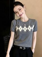 T-shirt en tricot à motif Argyle pour femme, col rond, manches courtes, coupe ajustée, style décontracté preppy, haut en tricot d'été