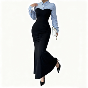 Nouvelle robe maxi tendance pour femmes, style sirène, robe de bureau pour femmes, col chemise rayé, manches longues, robe pour le travail - Product Image 5
