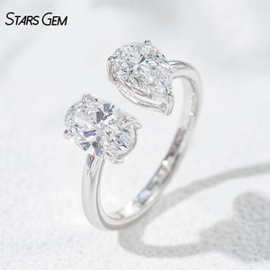 แหวนทองคำแท้ 10K ชุบโรเดียม StarsGem ประดับเพชร IGI 2.0 กะรัต สี E เพชรเลี้ยงในห้องปฏิบัติการ รูปทรงวงรี/หยดน้ำ ดีไซน์เปิดด้านข้าง ปรับขนาดได้ เหมาะสำหรับทั้งชายและหญิง - Product Image 1