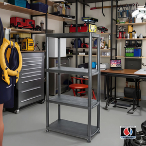 Heavy-Duty Boltless Assembly Black <strong>Plastic</strong> Four-Tier Rack <strong>Shelves</strong> Free-Standing and Stackable Display for <strong>Garage</strong> Storage - Product Image 1