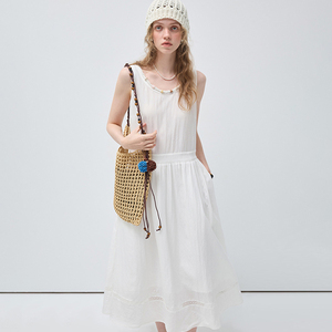 Robe d'été décontractée ample blanche sans manches VEGA CHANG avec ourlet en dentelle ajourée, matière douce <span class=keywords><strong>et</strong></span> confortable - Product Image 1