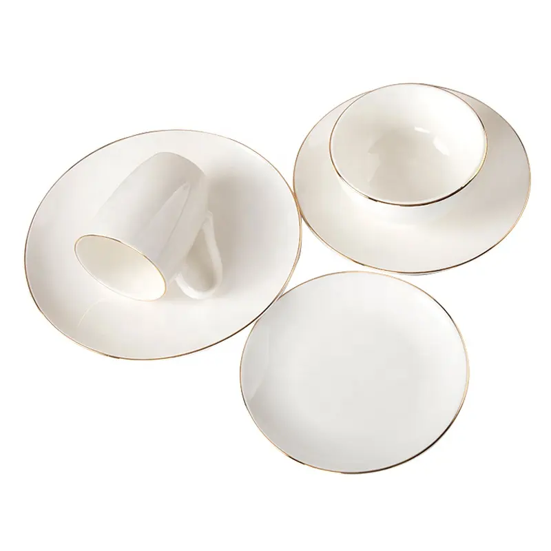 Neue Produkte 2021 Bone China Gold Rand Geschirr Teller Keramik für Hochzeit und Restaurant Gericht Set Abendessen