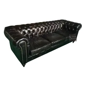 Loveseat American Hotel Lobby Furniture Vintage Black Tufted Sofa Genuine Leather Sofa Couch Luxury Living Room Chesterfield Sofa 3 Seat
