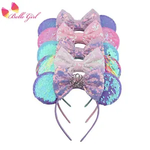 BELLEWORLD-accesorios para el cabello para niñas y niños, banda para la cabeza de lentejuelas, joyería kawaii, Diadema con lazo y orejas de ratón para cosplay