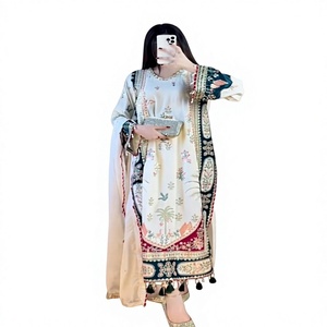 Conjunto de Kurta de Algodón Bordado Tradicional con Dupatta, Corte Holgado, Largo hasta el Suelo, Ropa Casual para Mujer, Estilo India-Pakistán - Product Image 1