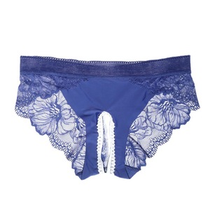 Sexy Seamless Mid Waist Ice Silk Open Crotch Panties For Women Royal Blue Transparent Lace <b>Triangle</b> Underwear - Product Image 5