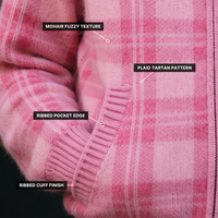 Sweat à capuche rose pour homme en mohair duveteux 420 GSM, motif écossais, bordure côtelée, fermeture éclair, poches obliques, pour un streetwear doux et luxueux