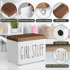 Caja de almacenamiento de madera para baño, de madera maciza con tapa, divisor para tampones y artículos de aseo. - Product Image 1