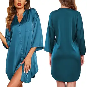 Fabrikant Sexy Satijnen Nachtjapon Voor Vrouwen 3/4 Mouwen Zijden Nachthemd Met Knopen Pyjama Jurk Sleepshirt