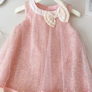 Robe de princesse de fête mignonne à sequins en maille sans manches pour enfants, avec nœud pour filles, vente en gros d'été - Product Image 3
