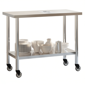 Commercial Kitchen <b>Work</b> <b>Table</b> 43.3x21.7x33.5 Stainless Steel With Wheels Freestanding Polished Finish - Product Image 1