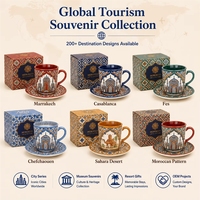 Ensemble tasse et soucoupe en céramique souvenir du Maroc, motifs architecturaux géométriques, porcelaine, café, pour les grossistes