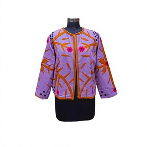 Women's Purple Embroidered Floral <b>Jacket</b> <b>Mandarin</b> <b>Collar</b> Full Sleeve Hand Embroidery Prairie Chic Spring Style - Product Image 1