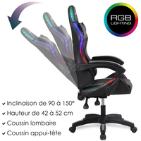 Chaise de jeu LED GAMER Sérigraphie 366 Effets d'éclairage LED Fauteuil télécommandé Chaise de bureau Noir Gris