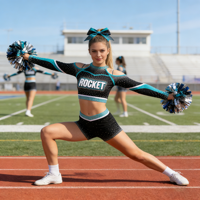 Uniforme de cheerleading Elite All-Star - Ensemble jupe et haut à épaules dénudées noir et turquoise avec strass, imprimé sur mesure pour les compétitions féminines XXXS