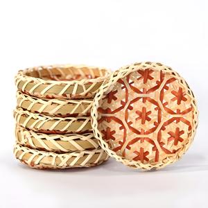 Bandeja de servicio tejida de bambú Vintage tradicional con 6 posavasos a juego Bandejas de bambú tejidas utilizadas en el dormitorio Cocina Sala de estar - Product Image 4