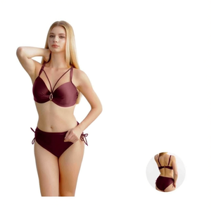 Costume da bagno bikini taglie forti HDJ con controllo pancia e push-up, da donna, tinta unita, con laccetti laterali e allacciatura all'americana, per la spiaggia, taglie 46-60, colori Vino, Blu, Nero - Product Image 1
