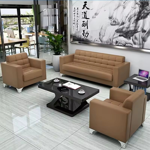 Modern Office Sofa Set with Leather Upholstery and <strong>Glass</strong> Top <strong>Coffee</strong> <strong>Table</strong> High Quality Reception Furniture for Business - Product Image 2